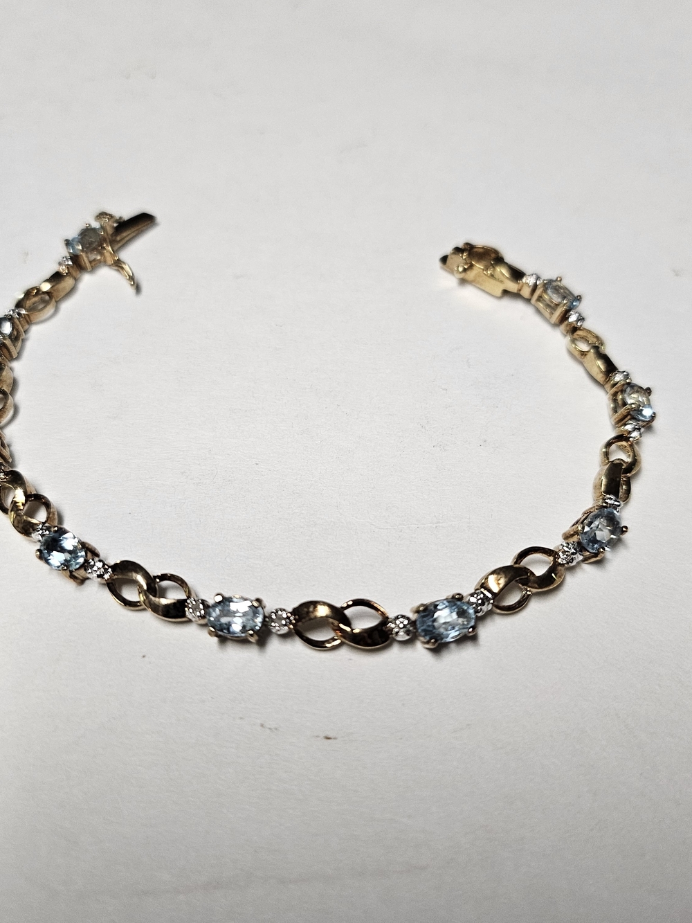 Gold vermeil Tennis Bracelet with Blue Topaz & Cubic Zirconia Stones 7.5" 925 SS
